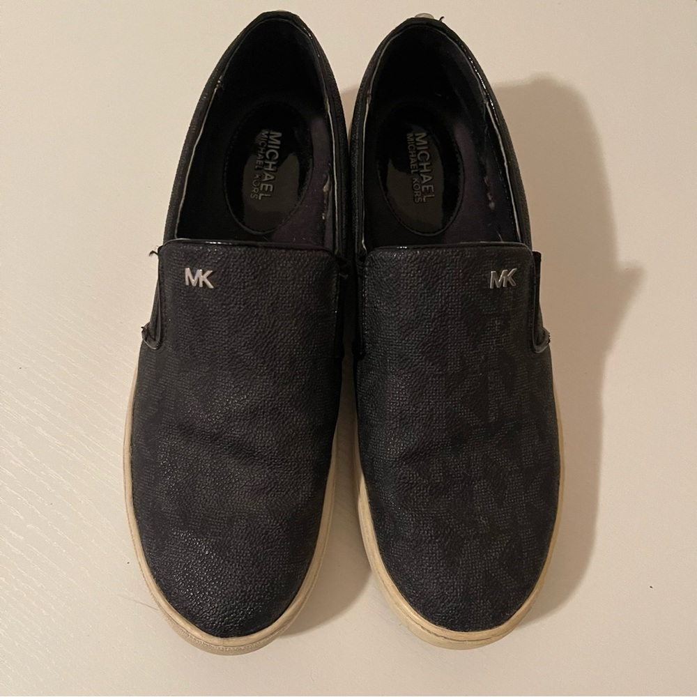 Michael Kors Keaton Black Slip-On Silver Mini MK Logo Coated Canvas